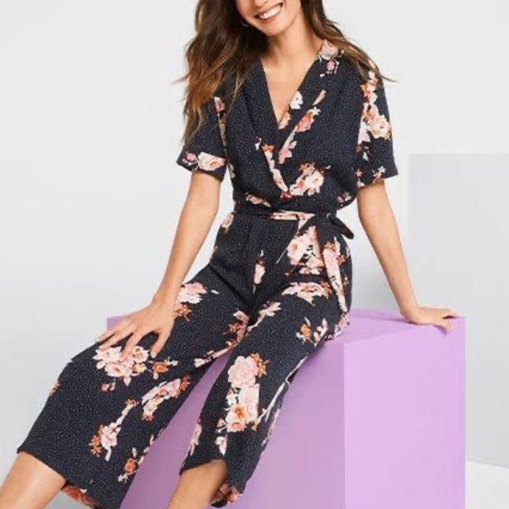 Like New - FRNCH Vance Navy Floral Wrap Jumpsuit - Small
